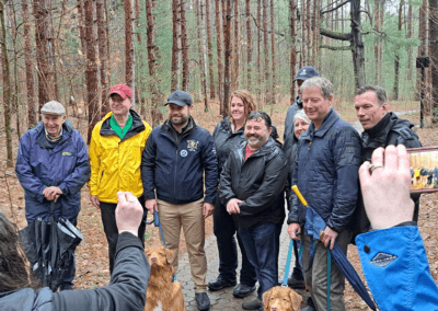 Image of John McCutcheon, MPP Peter Bethlenfalvy, then-Minister Dav Piccini, an Ontario Parks staff member, Mayor Dave Barton, Peter Kendall of the Schad Foundation, and John McKenzie of TRCA - April 2023